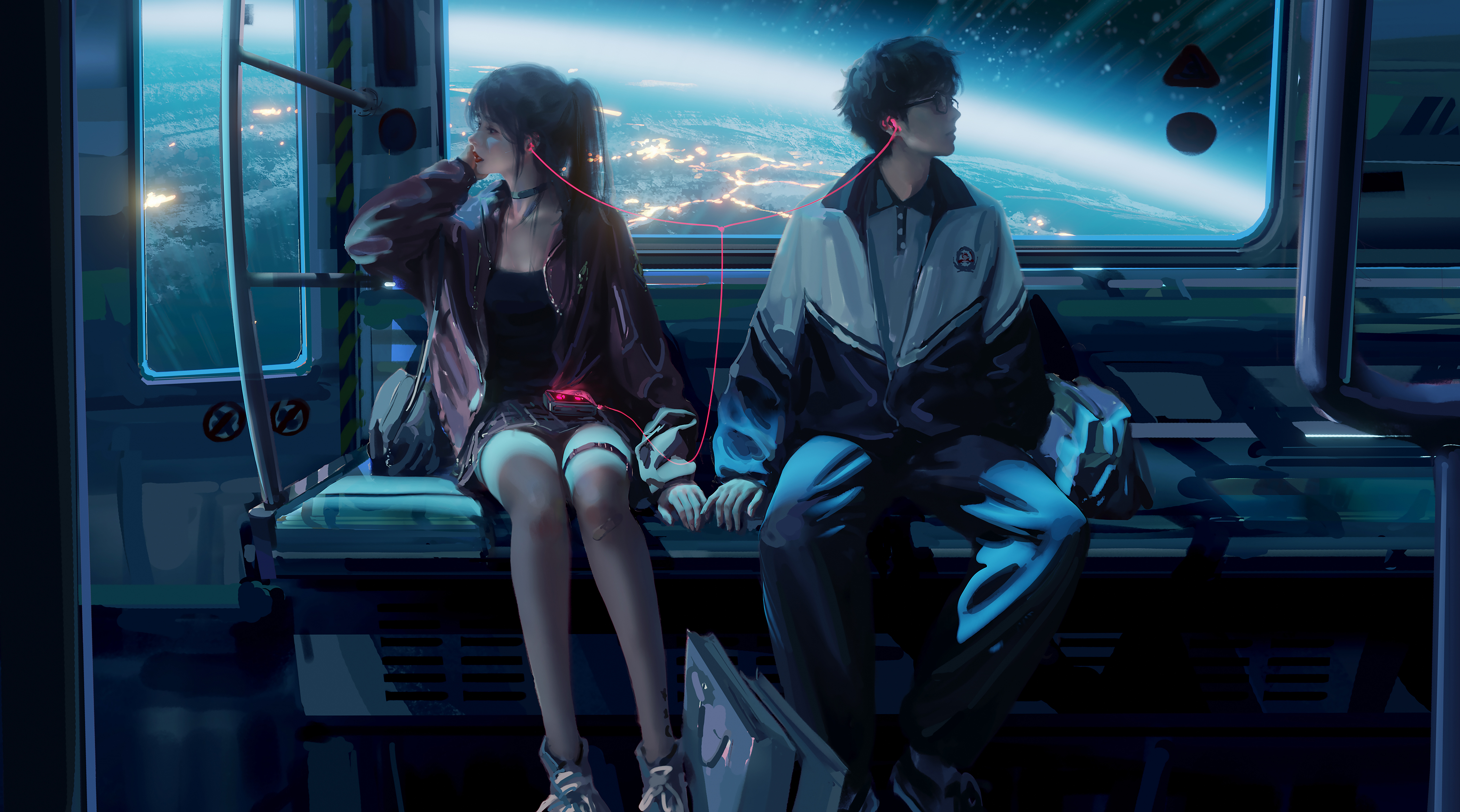 夜色列车里两位角色戴着耳机望向窗外的插画