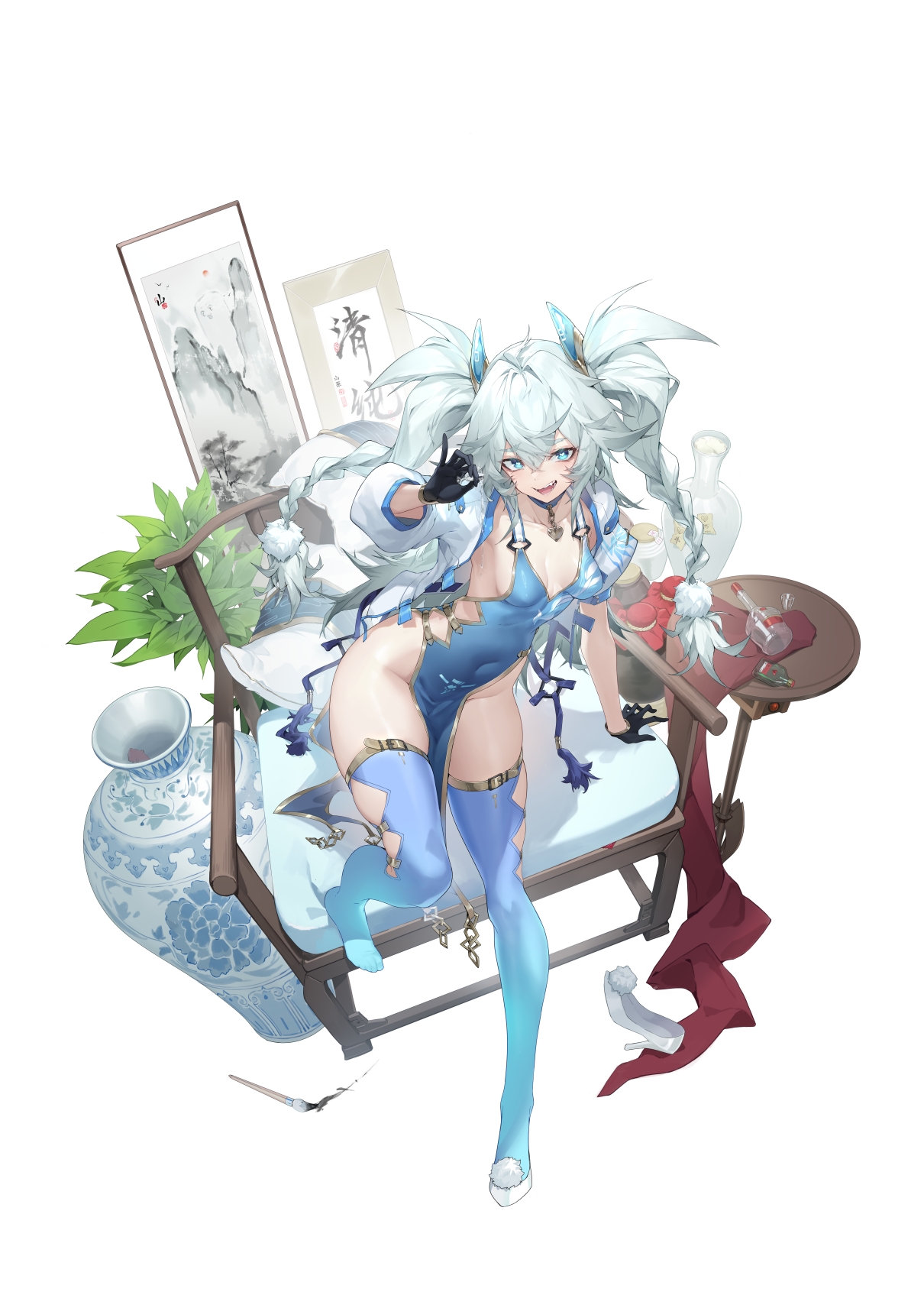 蓝绿色双马尾角色坐在新春茶席上的插画